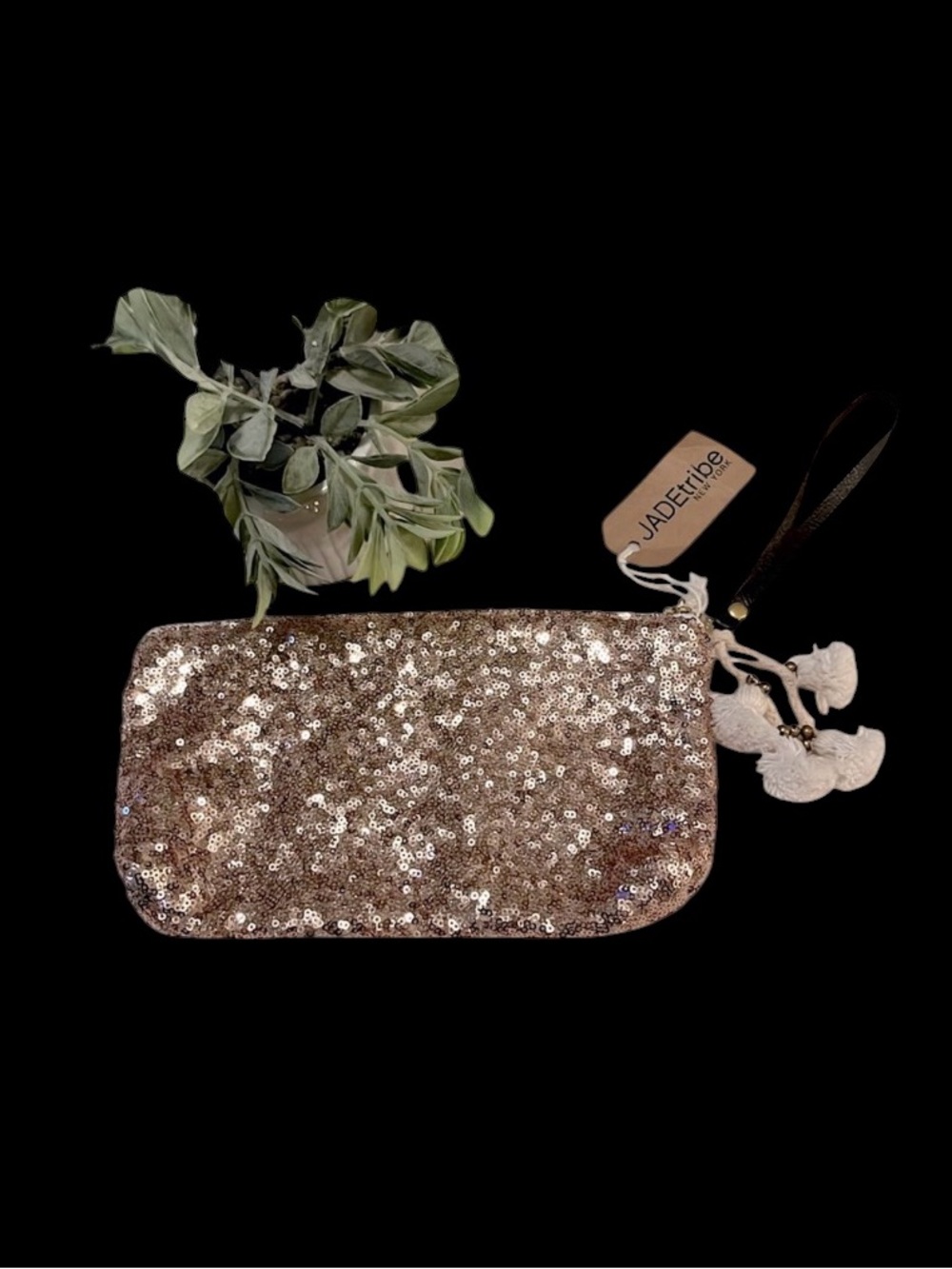 Anthropologie Jade-tribe Rose Gold Metallic Sequins Wristlet Make-up  Pouch Bag